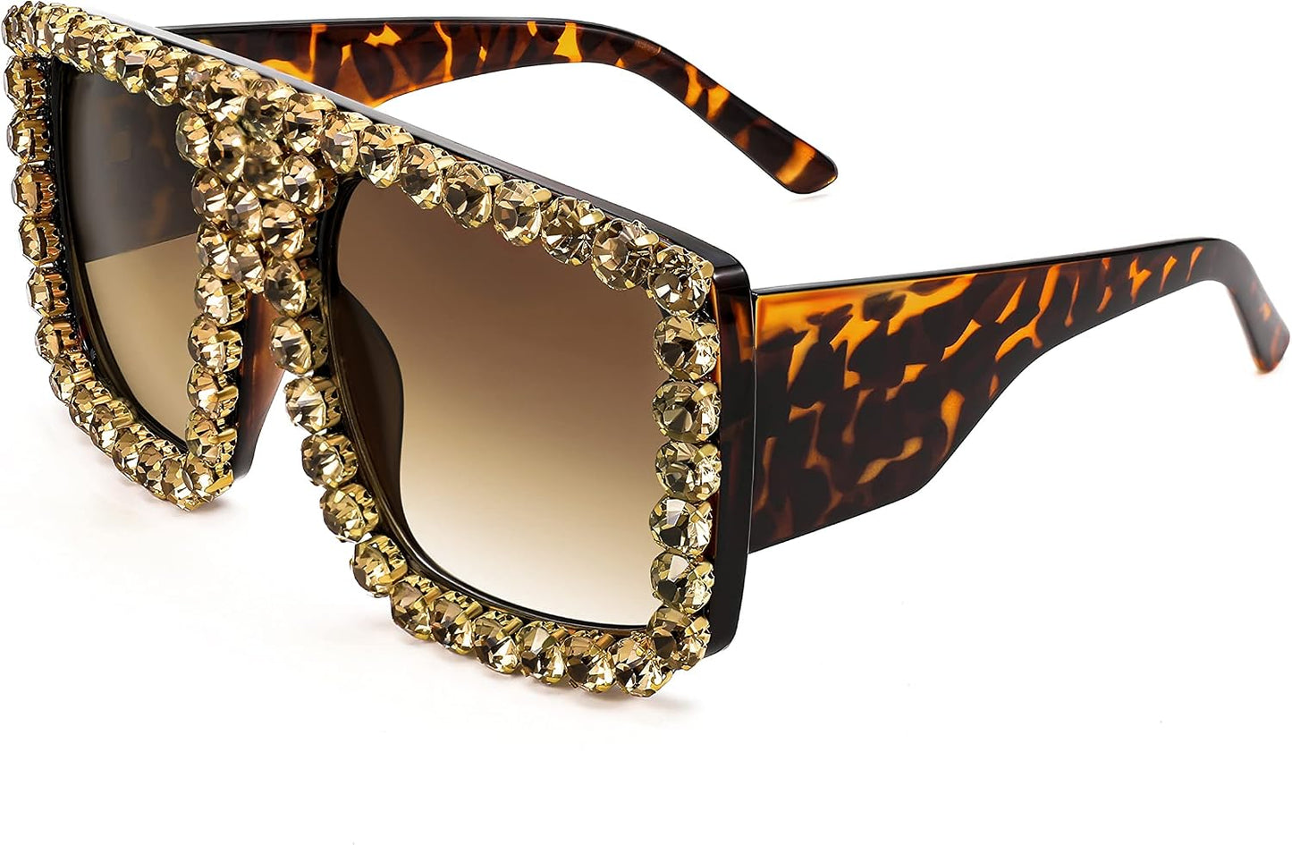 001 Leopard Frame/Yellow Diamond Tea Lens / 60 Millimeters | B09YHJ846J | FEISEDY Square Diamond Sunglasses for Women Retro Fashion Shiny Rhinestone Sun Glasses B2916