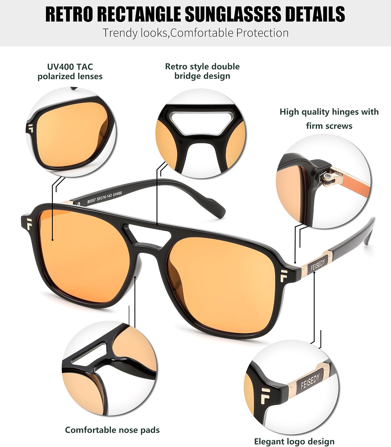 商品图片 54 | B0H2V9BFS5 | FEISEDY Retro Polarized Aviator Square Sunglasses for Women Men UV400 B0357