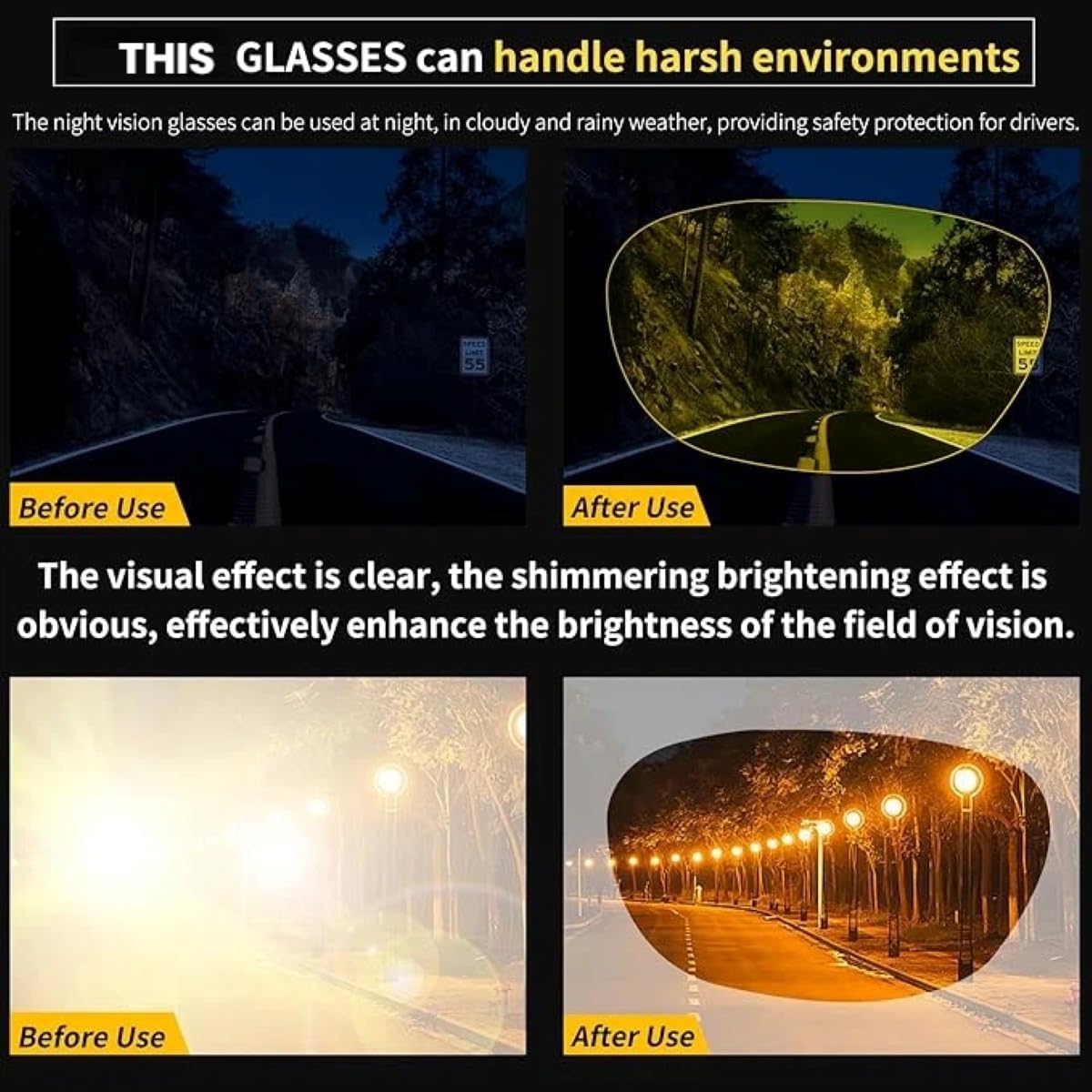 商品图片 5 | B0GL4JLQHK | Night Driving Glasses,Men Women Fit Over Sunglasses Worn Over Regular Glasses, Anti Glare Night Vision Goggles Yellow Lens