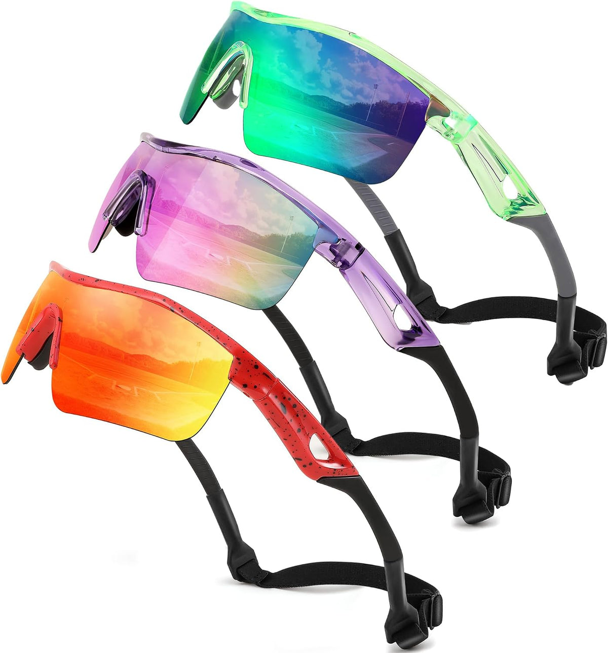 3pack Transparent Green & Green+transparent Purple & Purple+spot Red / 125 Millimeters | B0DZH3H5VQ | FEISEDY Kids Polarized Sports Sunglasses, TR90 UV400 Baseball Cycling
