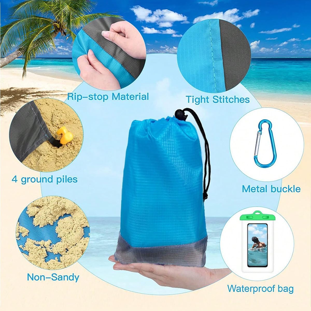 商品图片 4 | B0GR4ZHBPG | Beach Blanket Sandproof Waterproof, Large Beach Mat Oversized Quick Drying Lightweight Sand Free Mats with Stake, Carry Bag