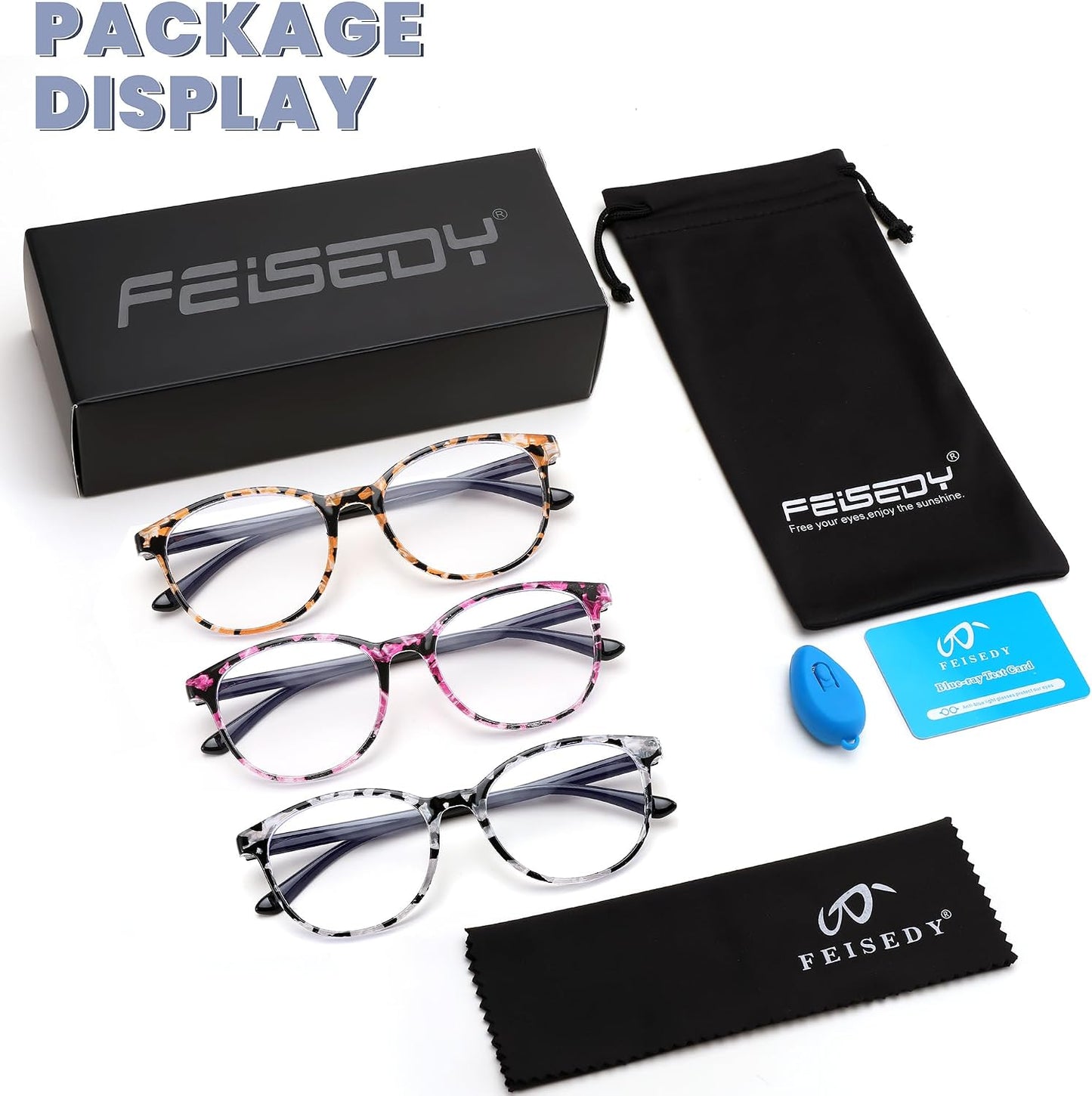 商品图片 7 | B0DG5P5J7C | FEISEDY 3 Pack Lightweight Square Blue Light Reading Glasses for Women Trendy Tortoise Clear Readers B0238