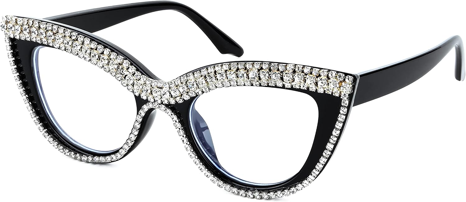 Stripe Diamond / 51 Millimeters | B0BLGK6PVG | FEISEDY Diamond Blue Light Blocking Glasses Cat Eye Rhinestone Women Oversized Anti Eyestrain Computer Glasses Frame B2358