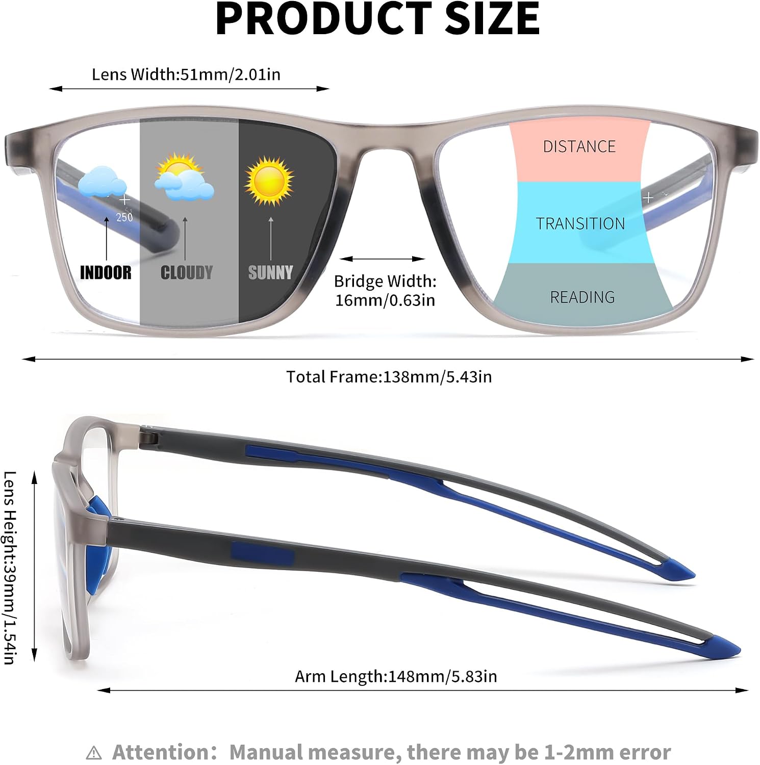 商品图片 27 | B0GLF6C715 | FEISEDY Progressive Multifocal Reading Glasses Blue Light Blocking B0397 | Sports Square Frame Near-Far Dual Use Blue Light Blocking Reading Glasses for Women Men