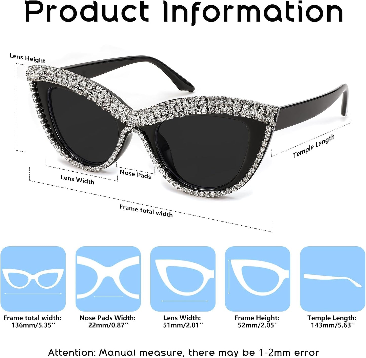 商品图片 54 | B0BZ7YMM4F | FEISEDY Oversized Women Cat Eye Rhinestone Sunglasses Costume Party B2360