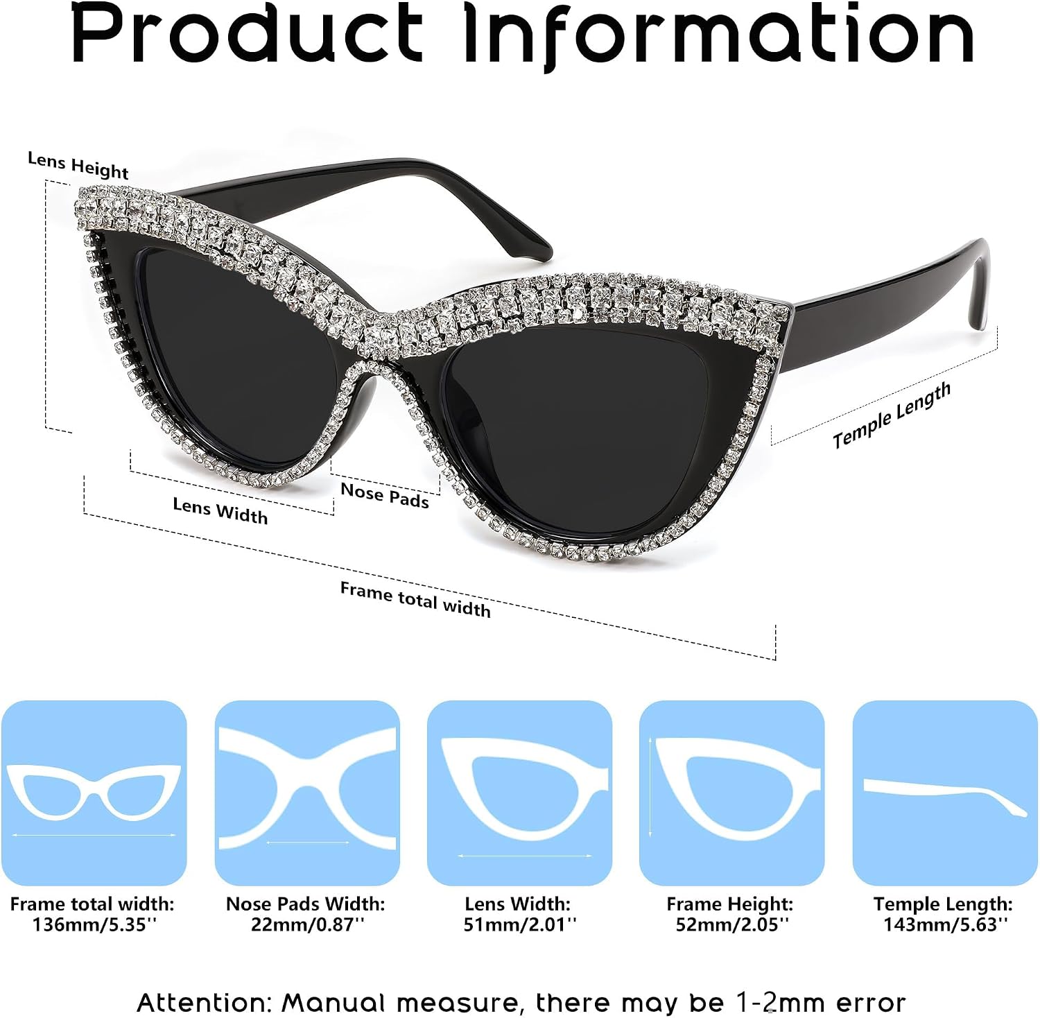商品图片 54 | B0BZ7YMM4F | FEISEDY Oversized Women Cat Eye Rhinestone Sunglasses Costume Party B2360
