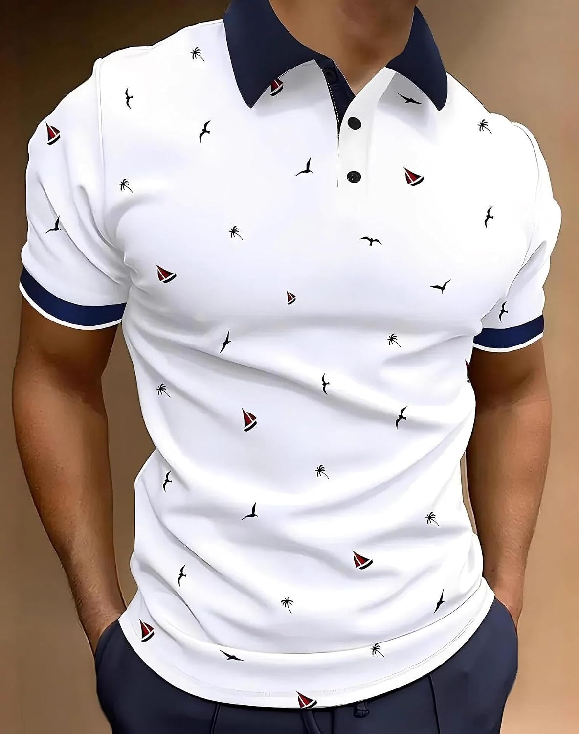 商品图片 2 | B0H2XSMLBN | White Nautical Print Golf Shirts for Men, Dry Fit Short Sleeve Polo Shirt, Casual Summer Golf Polo for Vacation Daily Wear