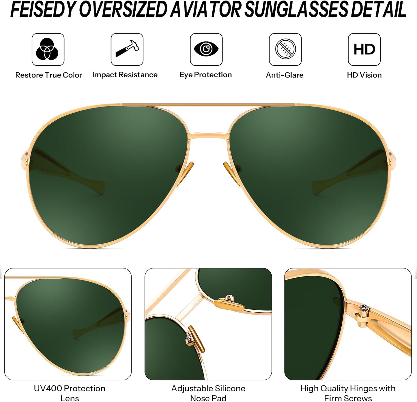 商品图片 11 | B0FKML2SSC | FEISEDY Oversized Aviator Sunglasses Women Men - Retro Gold Metal Chunky Frame, UV400 for Driving & Daily Wear B0311