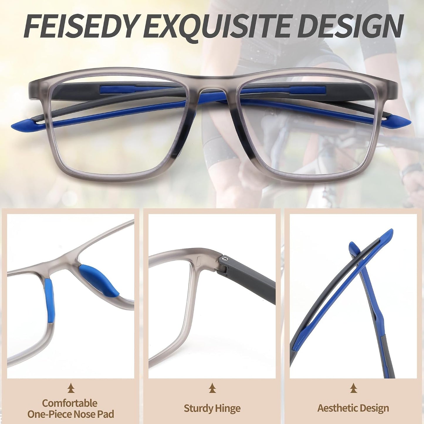 商品图片 21 | B0GLF6C715 | FEISEDY Progressive Multifocal Reading Glasses Blue Light Blocking B0397 | Sports Square Frame Near-Far Dual Use Blue Light Blocking Reading Glasses for Women Men