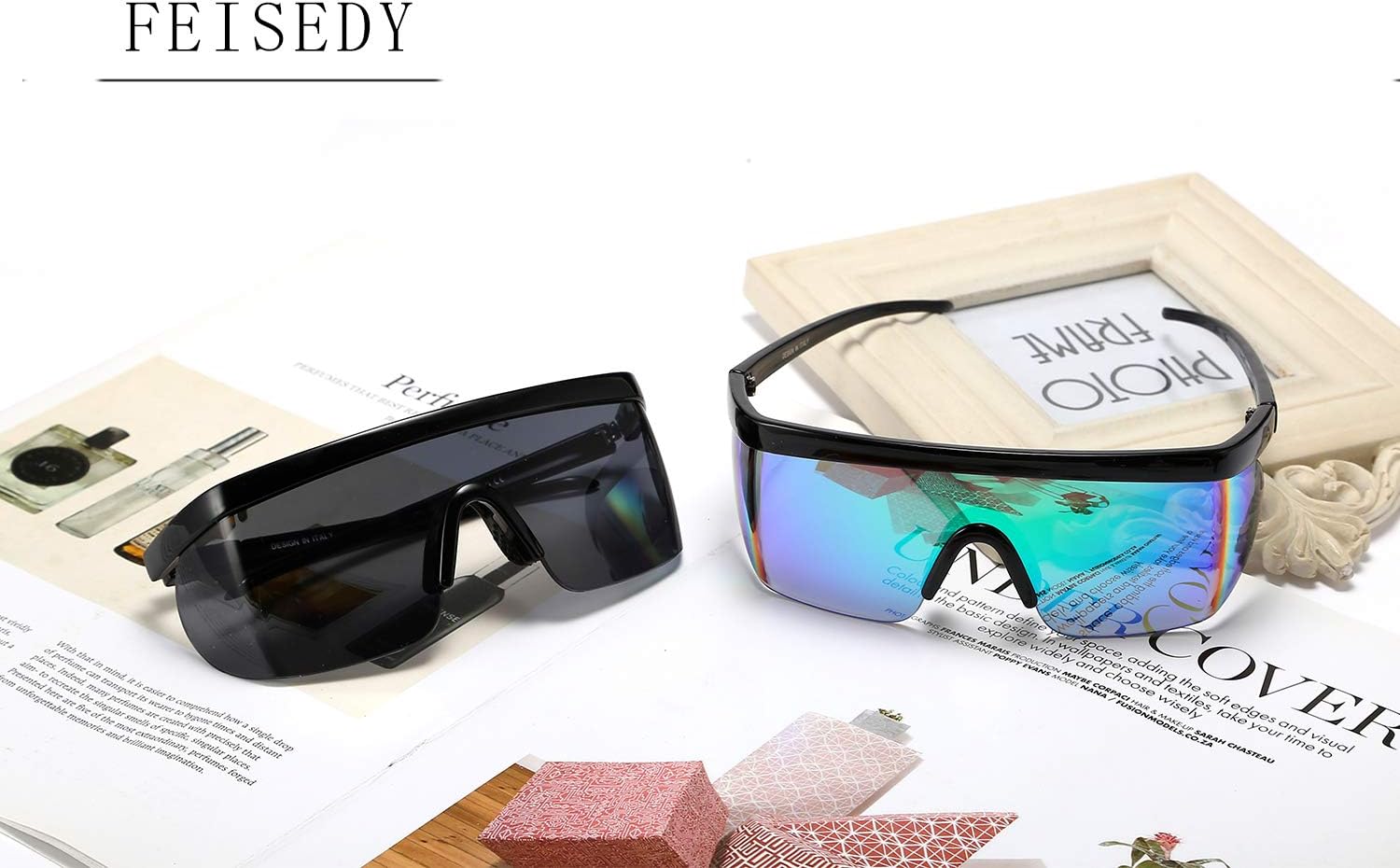 商品图片 63 | B096SD9GGG | FEISEDY Oversized Mirror Shield Sport 80s Sunglasses Ski Goggles Flat Top One Piece Futuristic Visor Women Men B2522