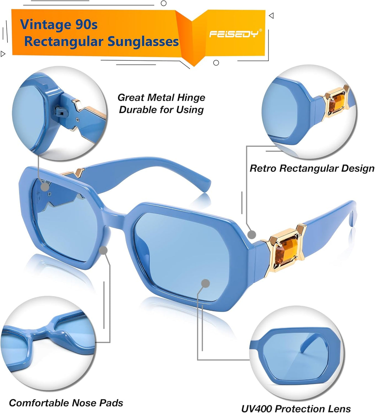 ÉÌƷͼƬ 10 | B0CNPQGQRW | FEISEDY Retro Rectangle Sunglasses for Women Men Classic Square Rhinestone Frame Sun Glasses Polygon Designer UV400 B0047