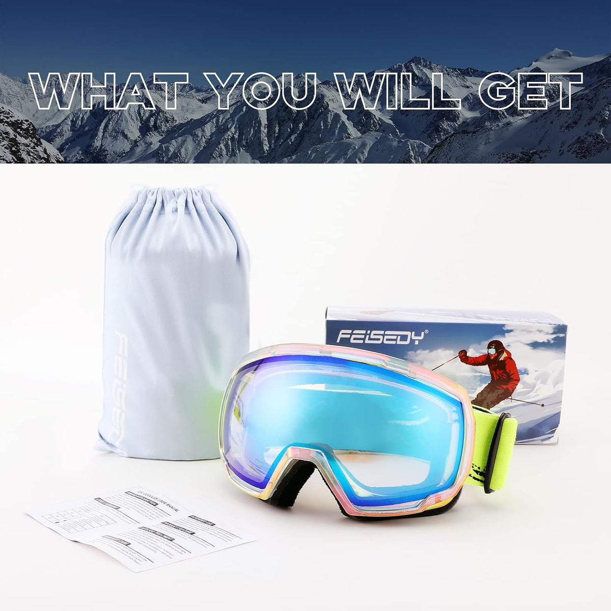 商品图片 6 | B0GHRB6WCQ | FEISEDY Ski Goggles, OTG Snow Sport Goggles for Adult Youth, Anti-Fog UV400 Protection Bendable Dual-Lenses B2961