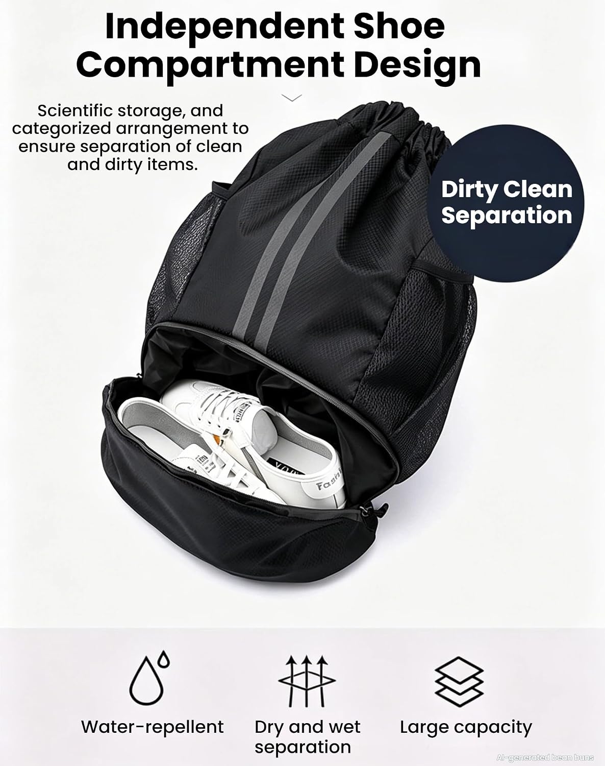 商品图片 5 | B0H2HGPG4D | Sports Drawstring Backpack for Women Men String Swim Gym String Bag with Reflective Strip Shoes Compartment Wet Proof Pocke