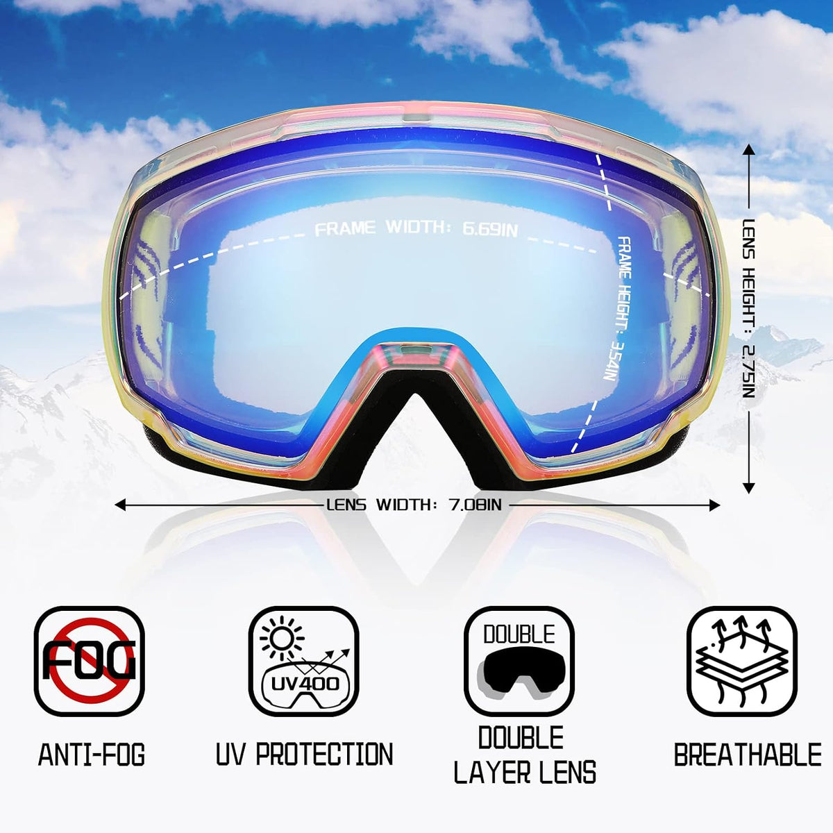 商品图片 5 | B0GHRB6WCQ | FEISEDY Ski Goggles, OTG Snow Sport Goggles for Adult Youth, Anti-Fog UV400 Protection Bendable Dual-Lenses B2961
