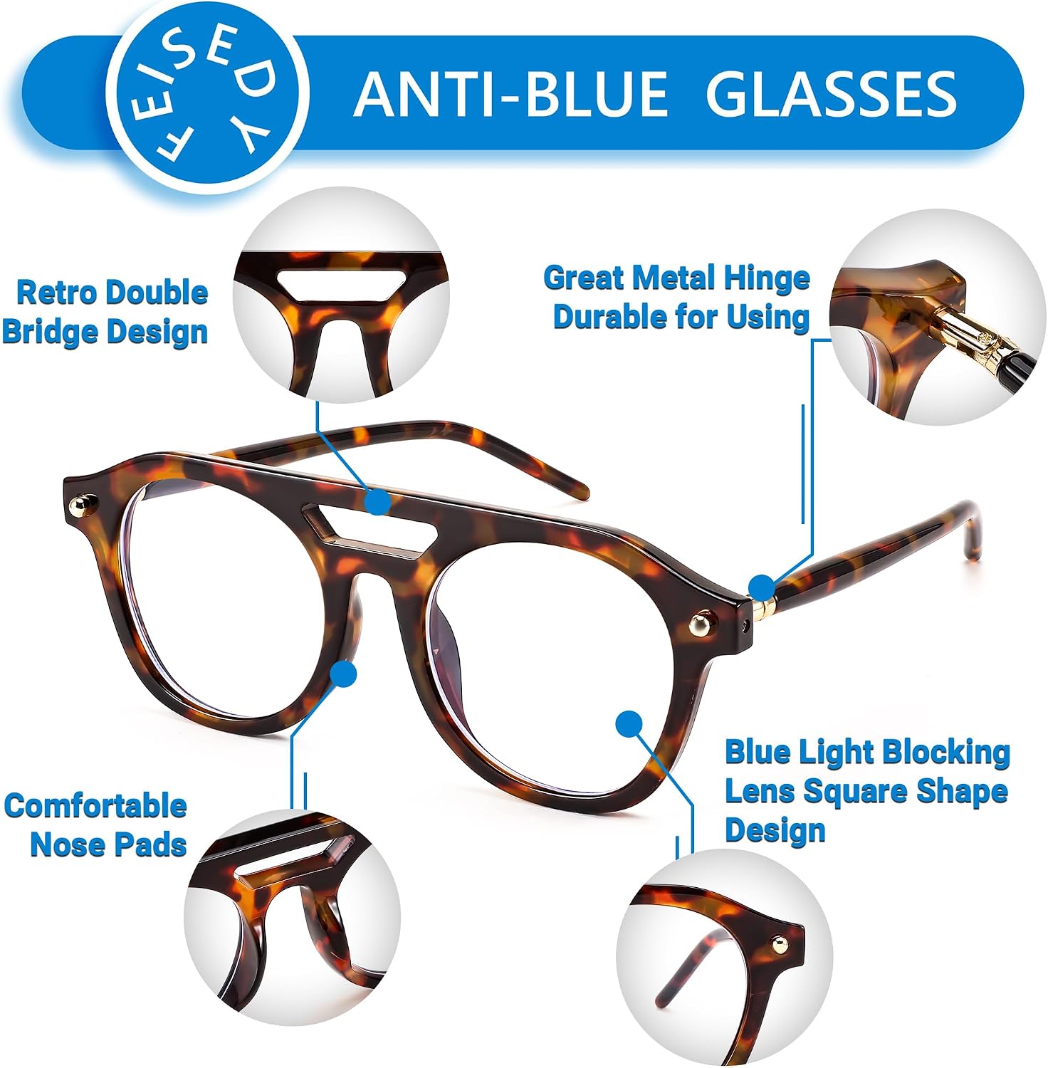 商品图片 4 | B0CJMDW1B6 | FEISEDY 70s Aviator Blue Light Blocking Glasses Square Pilot Frame Anti Glare Computer Glasses Women Men B0052
