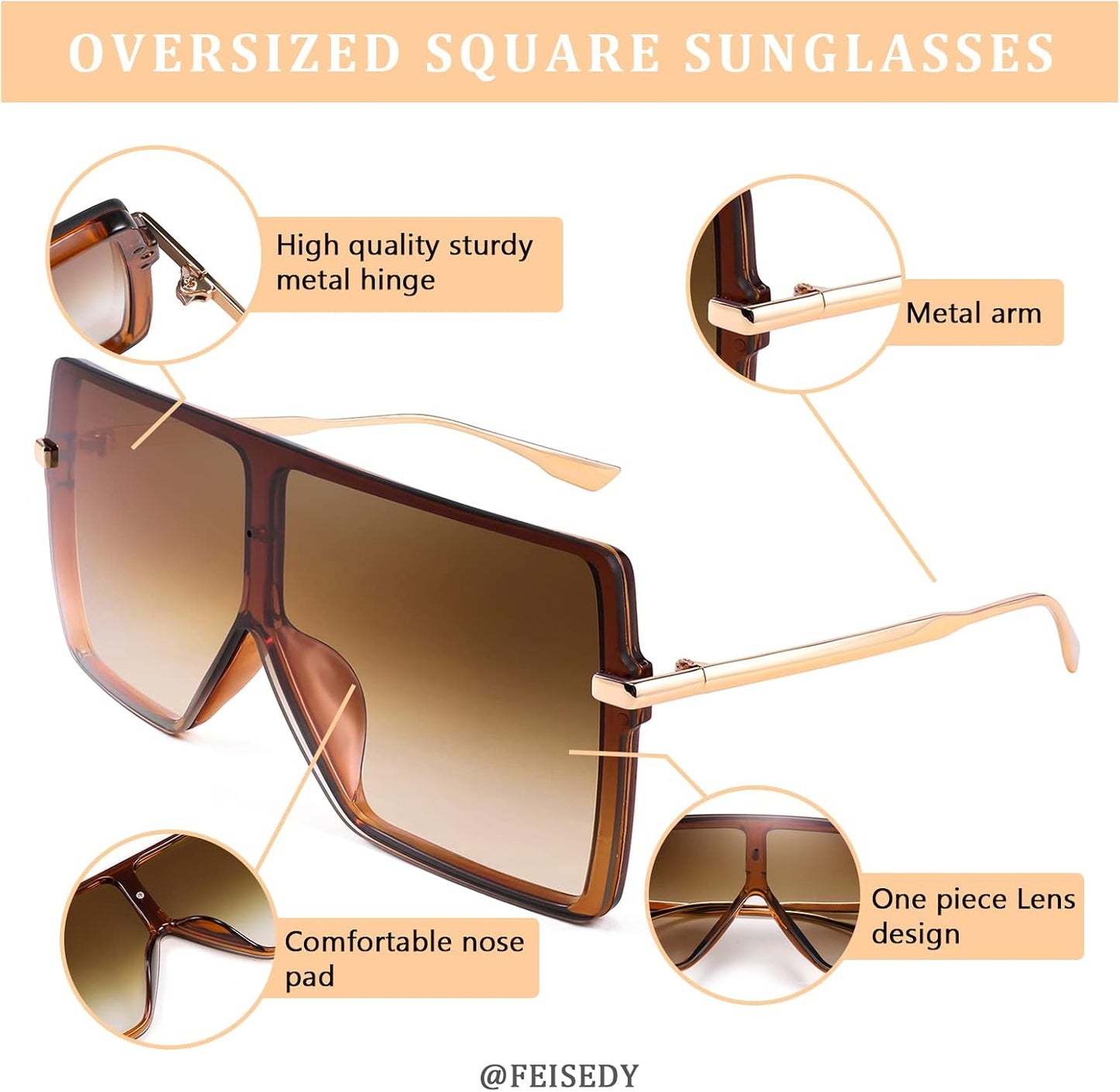 商品图片 5 | B097CVFDZT | FEISEDY Flat Top Oversized Shield Sunglasses Women Men Square Fashion Rimless Shades UV400 B2784