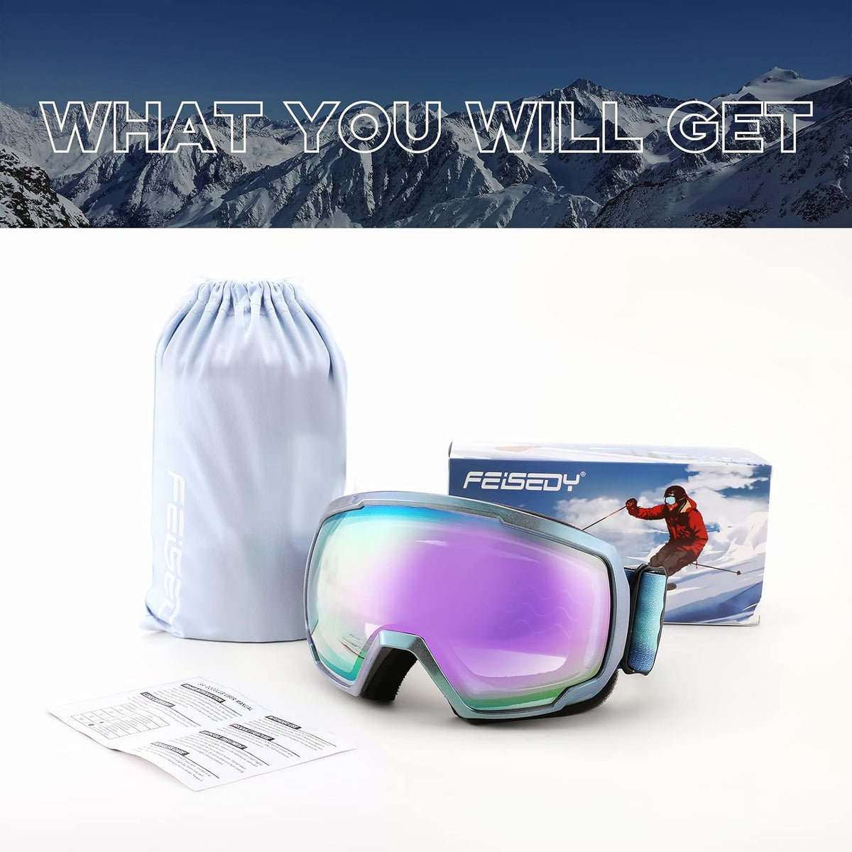 商品图片 14 | B0GHRB6WCQ | FEISEDY Ski Goggles, OTG Snow Sport Goggles for Adult Youth, Anti-Fog UV400 Protection Bendable Dual-Lenses B2961