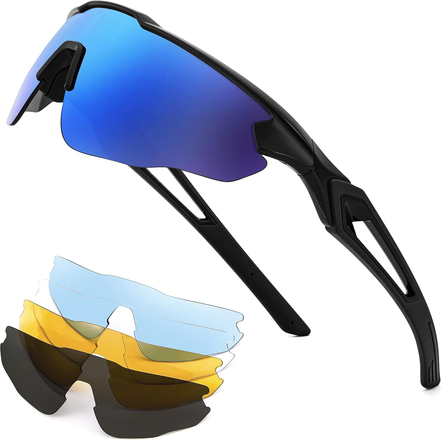 Black Frame & Blue Mirror Lens / 80 Millimeters | B0B2WCRLLF | FEISEDY Sports Sunglasses, with 5 Lenses for Men Women, TR90 Lightweight, Baseball Cycling Motorcycle Running Golf B2940