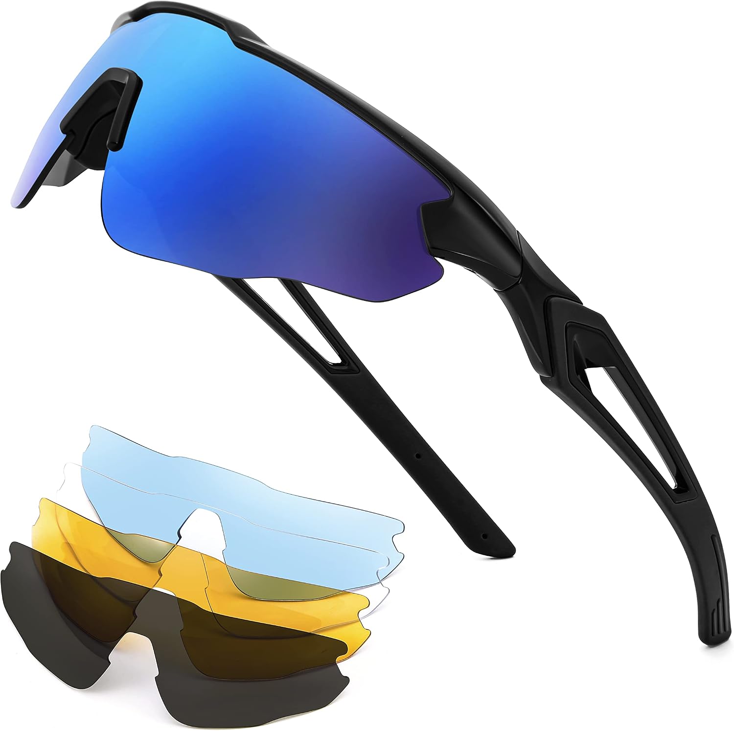 Black Frame & Blue Mirror Lens / 80 Millimeters | B0B2WCRLLF | FEISEDY Sports Sunglasses, with 5 Lenses for Men Women, TR90 Lightweight, Baseball Cycling Motorcycle Running Golf B2940