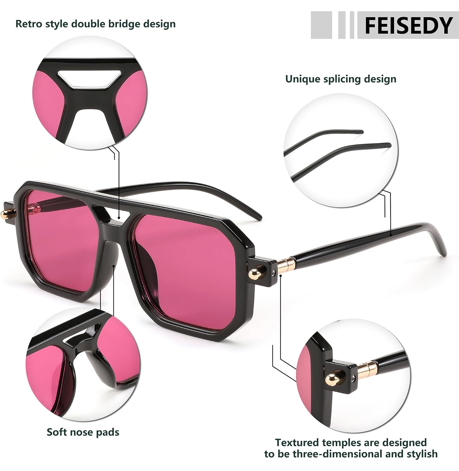 商品图片 182 | B09YTJ4FQZ | FEISEDY Vintage Square 70s Flat Aviator Sunglasses Women Men Classic Retro Stylish Frame UV400 Sunglasses B2622