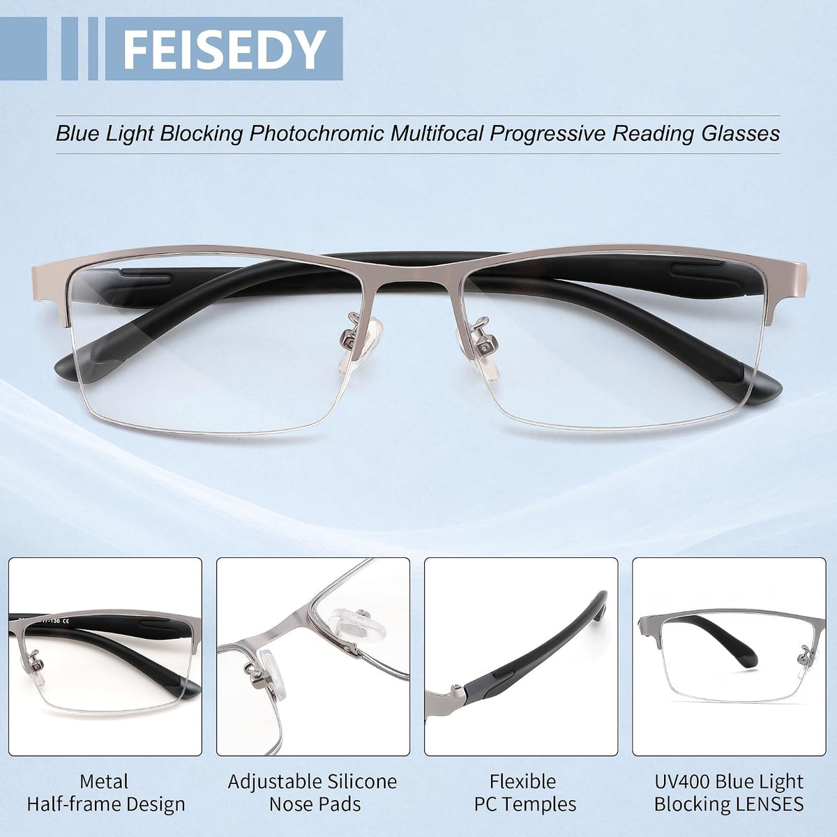 商品图片 11 | B0HBWVWRX5 | FEISEDY Rectangle Blue Light Blocking Reading Glasses Half Frame B0462