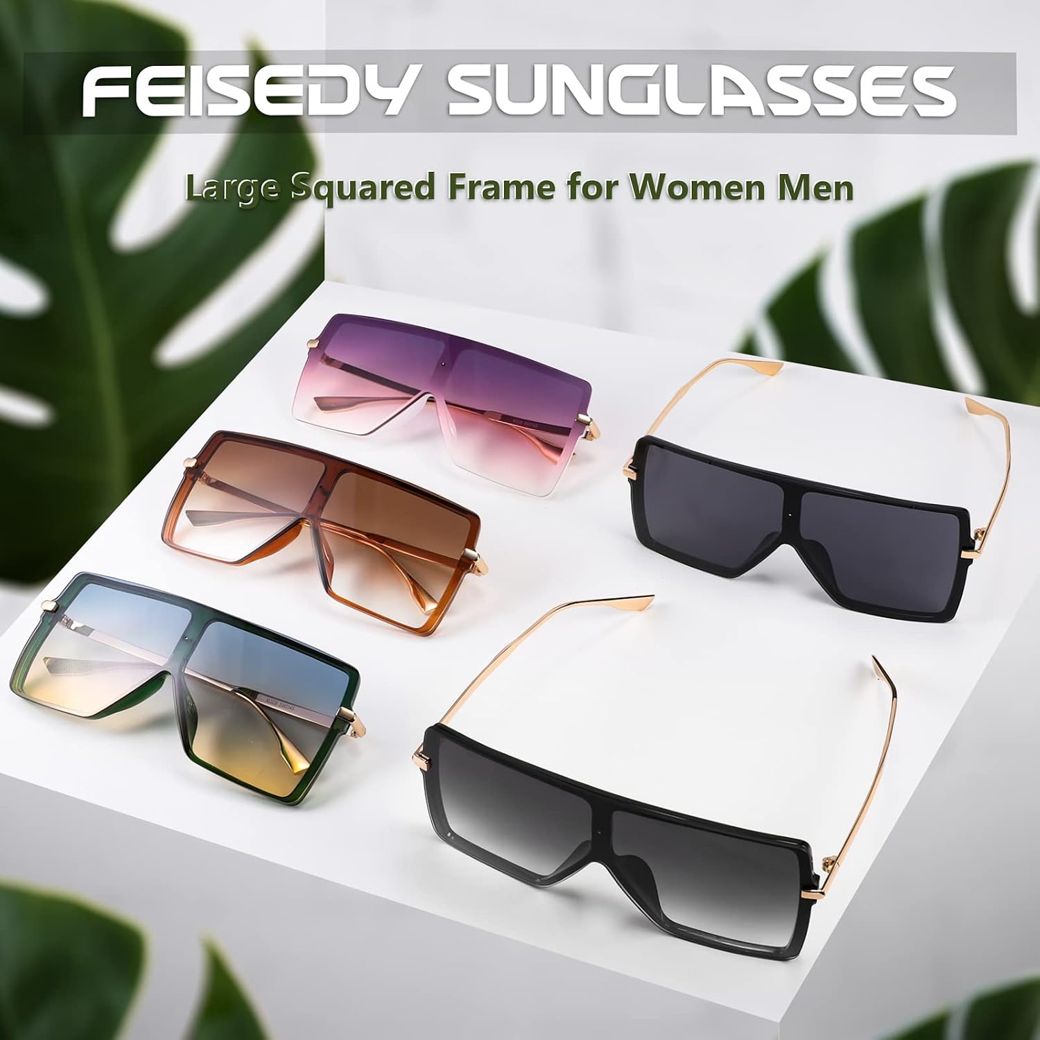 商品图片 3 | B097CVFDZT | FEISEDY Flat Top Oversized Shield Sunglasses Women Men Square Fashion Rimless Shades UV400 B2784