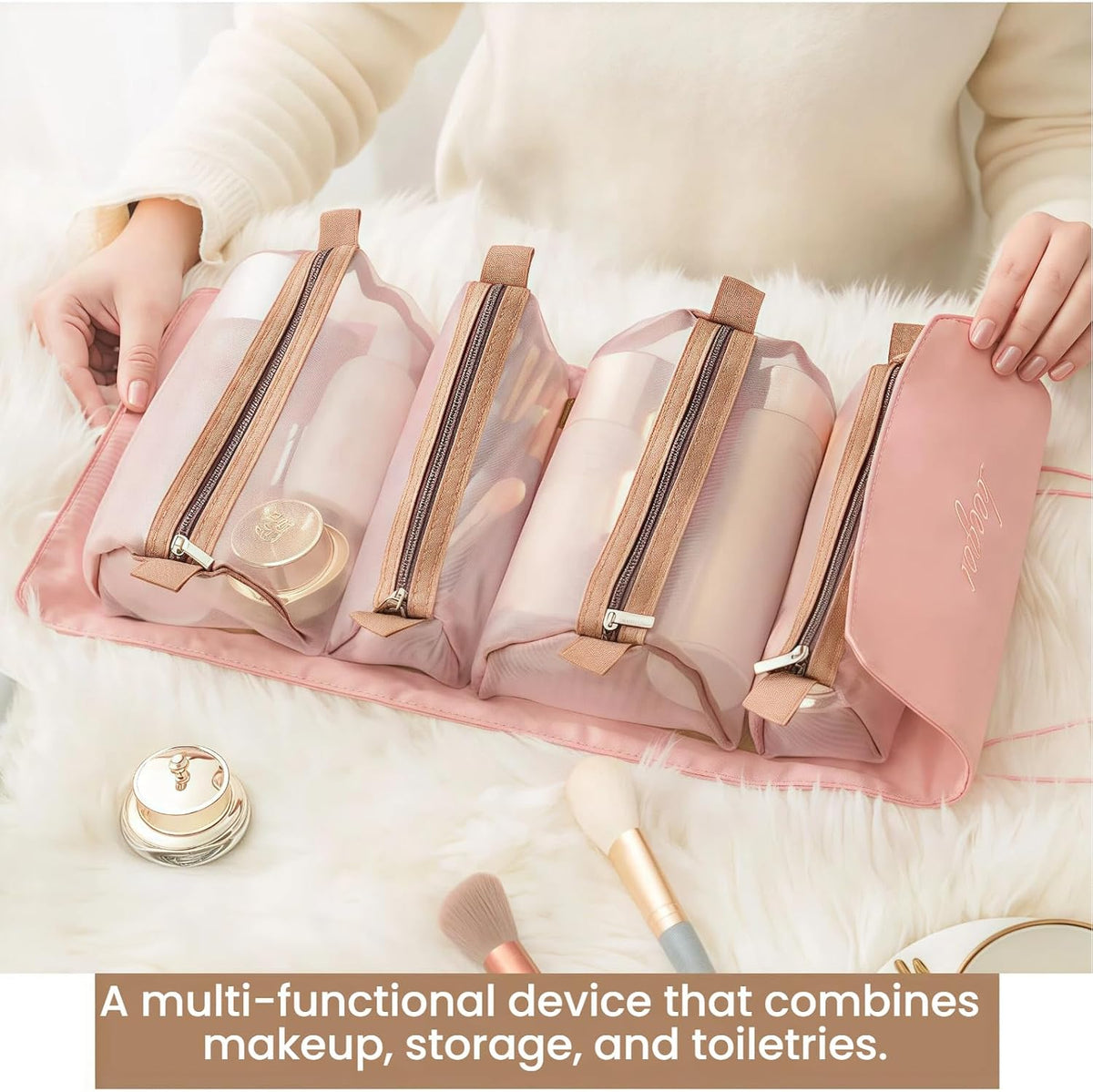 商品图片 3 | B0H2HFYNR8 | Roll Up Toiletry Bag for Travel, 4 in 1 Detachable Travel Wash Large Capacity Portable Cosmetic Organizer Makeup Bags, Pink