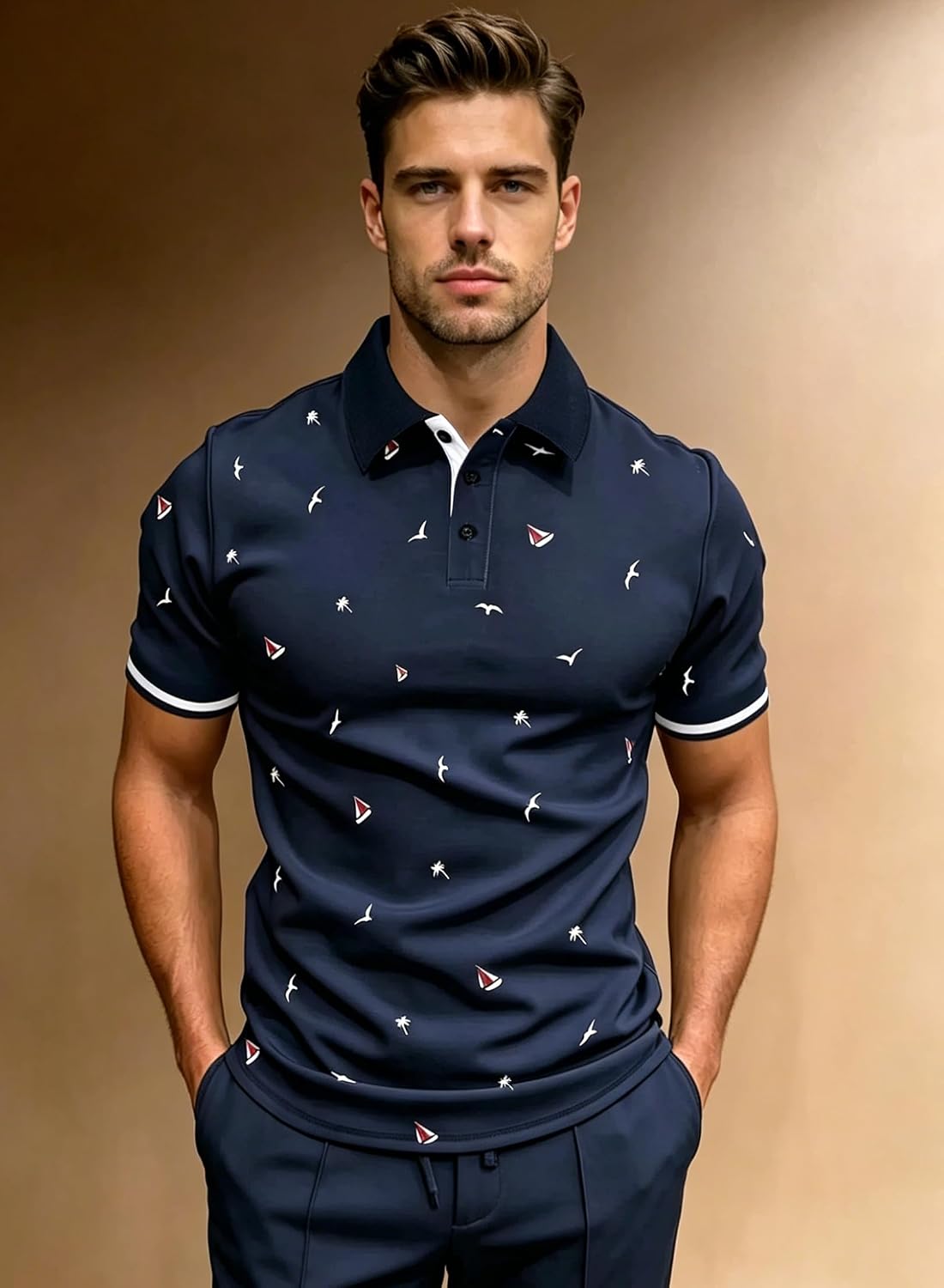 Small | B0H2XD5HNH | Navy Blue Nautical Print Golf Shirts for Men, Dry Fit Short Sleeve Polo Shirt Casual Summer Golf Polo for Vacation Daily Wear