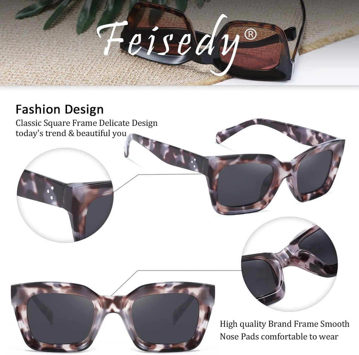 ÉÌƷͼƬ 85 | B07MNGNLNT | FEISEDY Classic Women Sunglasses Fashion Thick Square Sun Glasses B2471