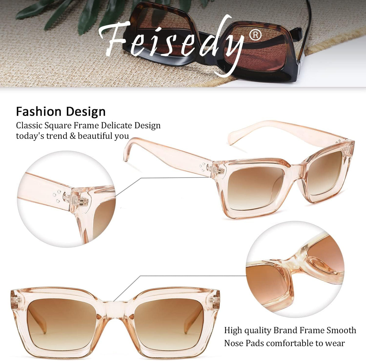 ÉÌƷͼƬ 69 | B07MNGNLNT | FEISEDY Classic Women Sunglasses Fashion Thick Square Sun Glasses B2471