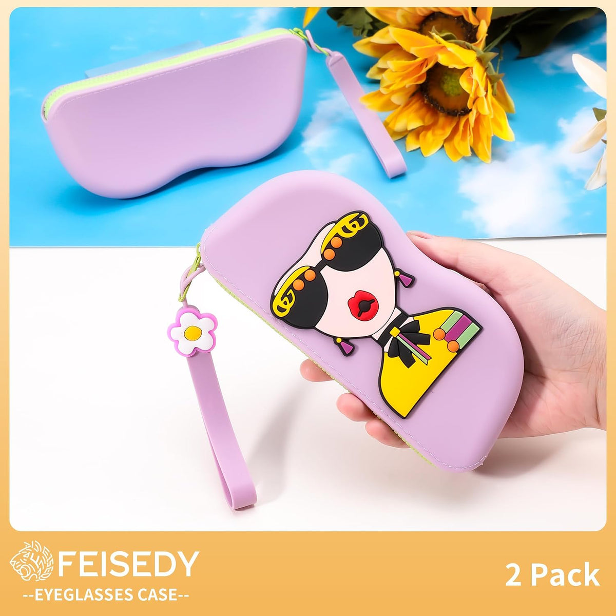 ÉÌƷͼƬ 12 | B0GFYLNWFJ | FEISEDY 2Pack Cartoon Silicone Glasses Pouch with Carrying Strap Cute Protective Eyewear Case for Travel B0386