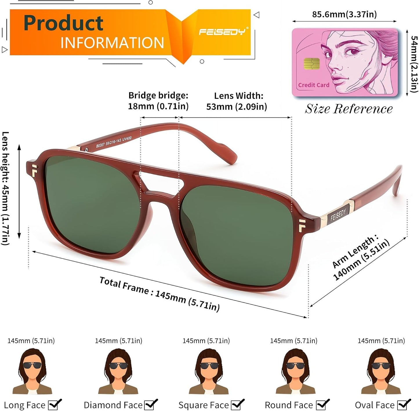 商品图片 41 | B0H2V9BFS5 | FEISEDY Retro Polarized Aviator Square Sunglasses for Women Men UV400 B0357