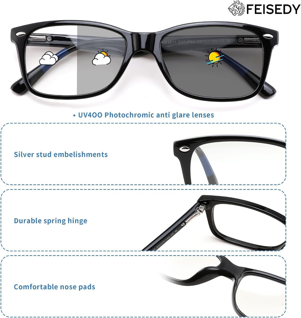 ÉÌƷͼƬ 12 | B0GKNCMTFX | FEISEDY Blue Light Blocking Photochromic Glasses UV400 Protection B1264