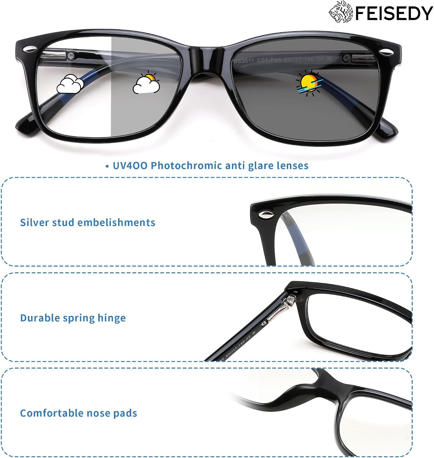 商品图片 12 | B0GKNCMTFX | FEISEDY Blue Light Blocking Photochromic Glasses UV400 Protection B1264