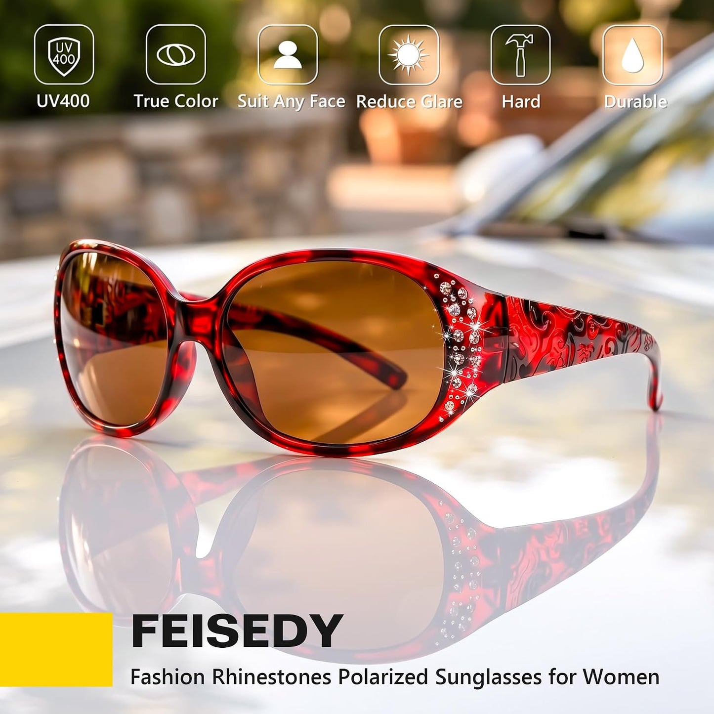 商品图片 53 | B0FZT6D16L | FEISEDY Women's Polarized Sunglasses Wrap Around Rhinestone Design Fashion Sunnies UV400 Protection B1091