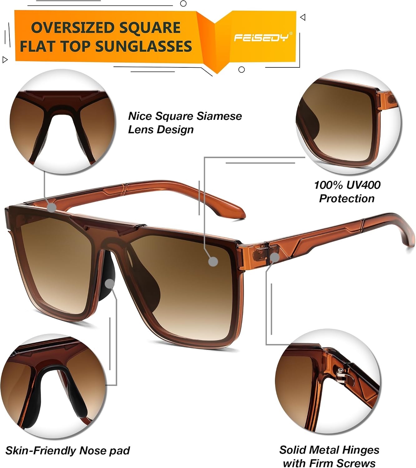 商品图片 4 | B0D9H98G6Y | FEISEDY Fashion Sunglasses Womens Men Flat Top Square Trendy Visor Shades UV400 B0211