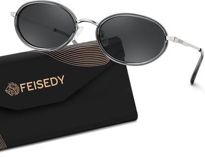 Silver Frame + Grey Lens / 52 Millimeters | B0GX9GL5XF | FEISEDY Polarized Oval Metal Sunglasses for Women Men Classic Retro B0439