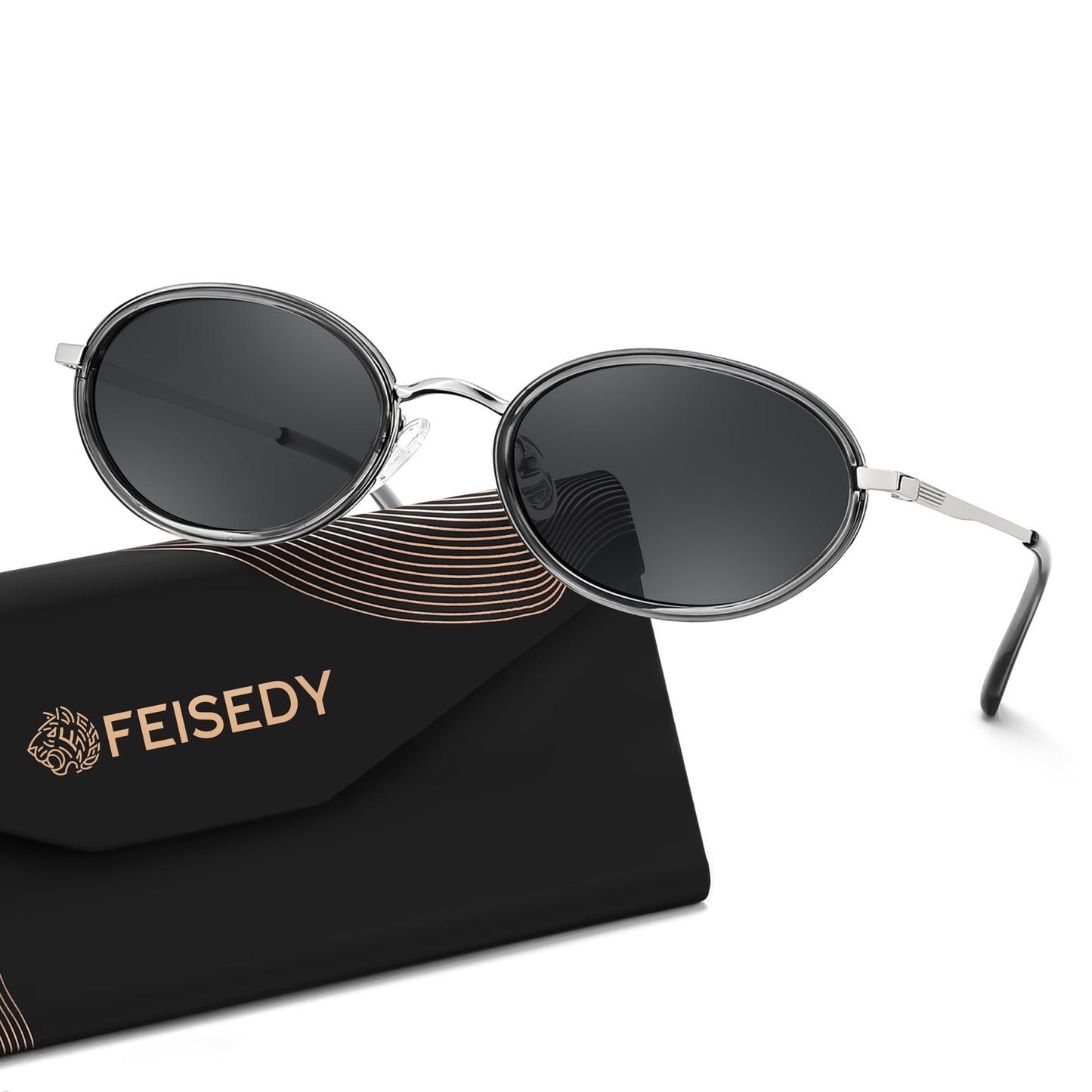 FEISEDY Polarized Oval Metal Sunglasses for Women Men Classic Retro B0439 | UV400 Protection, Metal Trim Upgrades Aesthetics,