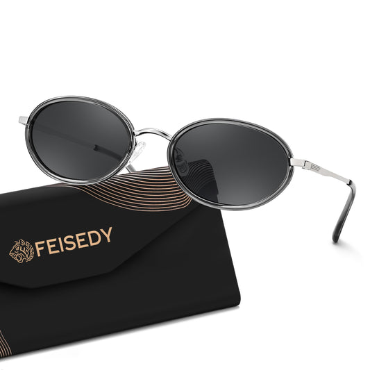 FEISEDY Polarized Oval Metal Sunglasses for Women Men Classic Retro B0439 | UV400 Protection, Metal Trim Upgrades Aesthetics,