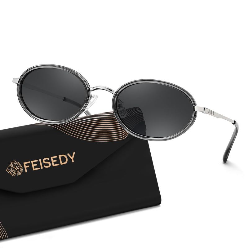 FEISEDY Polarized Oval Metal Sunglasses for Women Men Classic Retro B0439 | UV400 Protection, Metal Trim Upgrades Aesthetics,