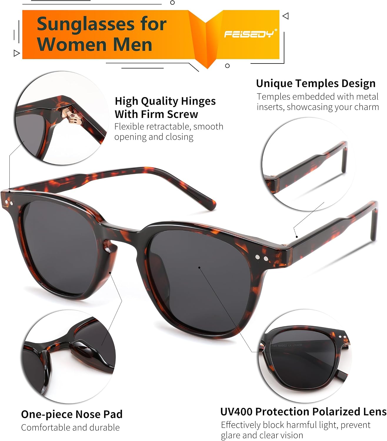 商品图片 13 | B0CCPBD9GS | FEISEDY Classic Polarized Sunglasses Retro Round Sunglasses for Women Men Trendy Shades B0002