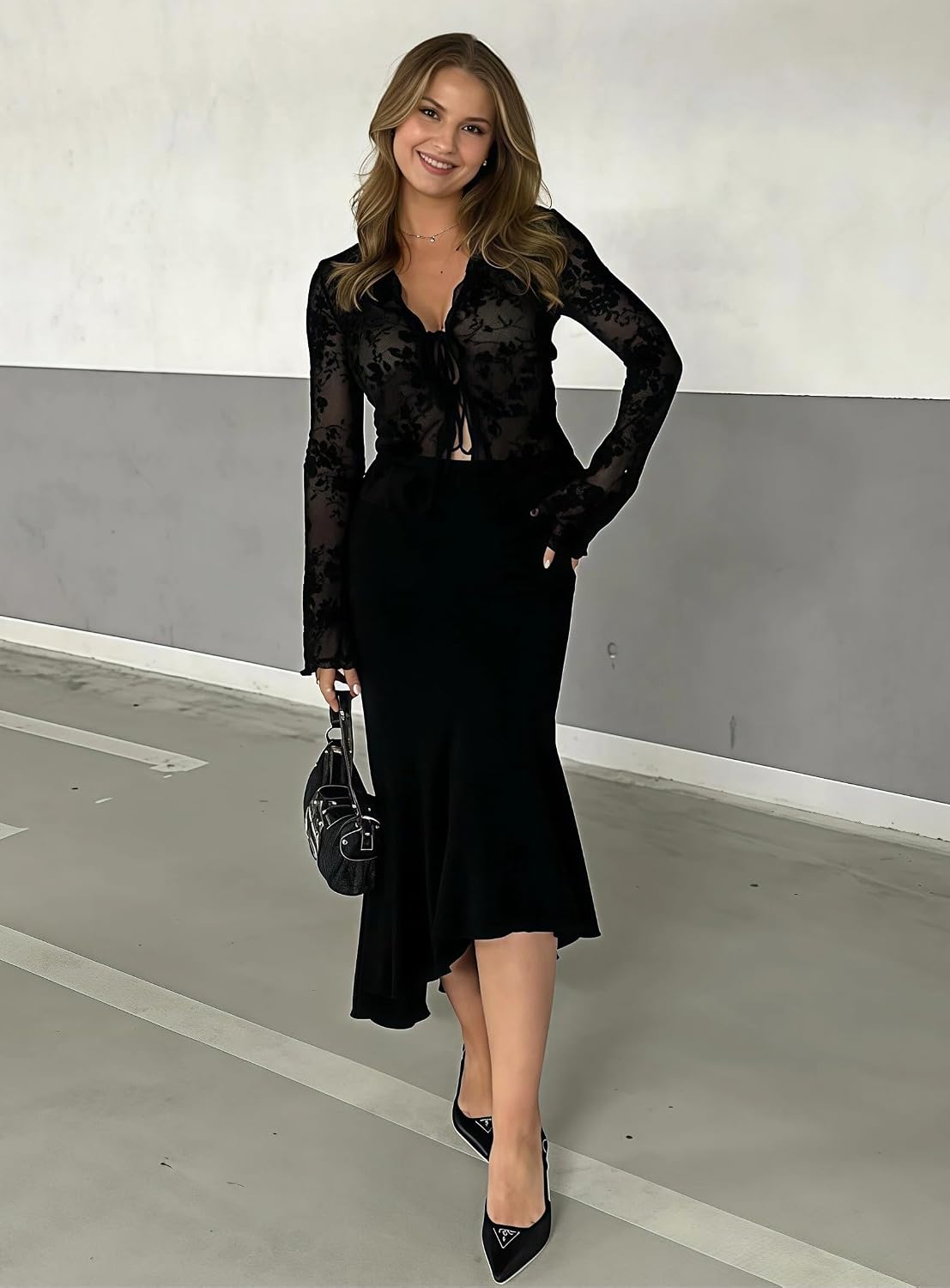 商品图片 3 | B0GXVT6JQC | Women's Lace Tie Front Top Sheer Mesh Long Sleeve Flared Ruffle Floral Flocking Sexy Crop Blouses for Women