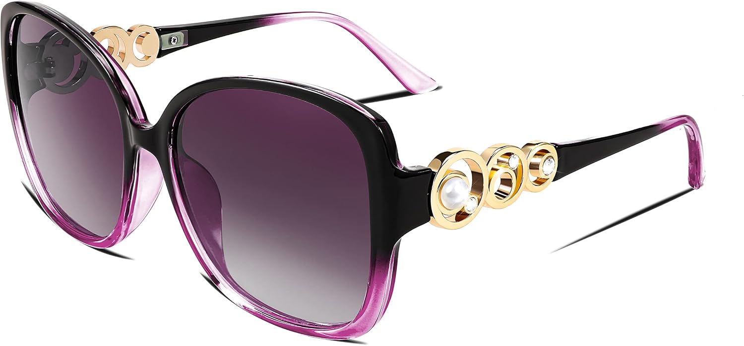 Charm Purple / 61 Millimeters | B0BJ6XB1CL | FEISEDY Women's Fashion Sunglasses, Oversized Square Frame with Pearl Sparkling, Polarized UV Protection B2821
