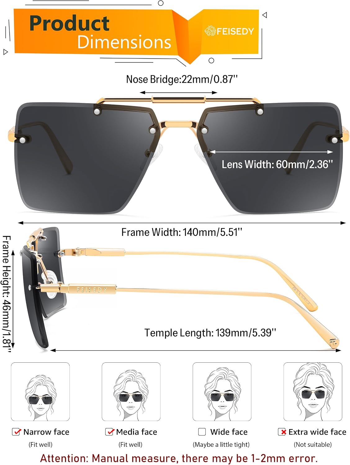 商品图片 7 | B0HFJXV98G | FEISEDY Rimless Aviator Sunglasses for Women Men Luxury UV400 Shades