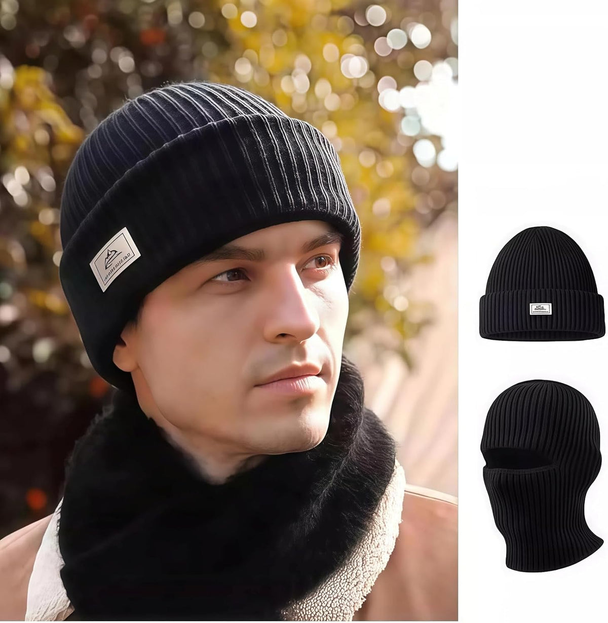 Black | B0FSQN1WM5 | 2 in 1 Balaclava Face Mask Beanie Hat - Knitted Beanie for Men Women Winter Warm Full Face Cover Ski Mask for Outdoor Sports