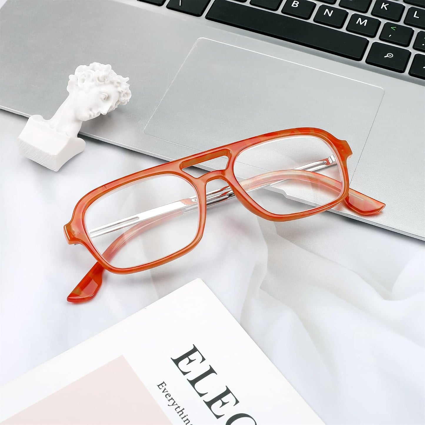 商品图片 18 | B0C65DXFMC | FEISEDY Retro Square Blue Light Blocking Reading Glasses for Women Men 70s Flat Aviator Glasses Anti-Fatigue Reader B2993