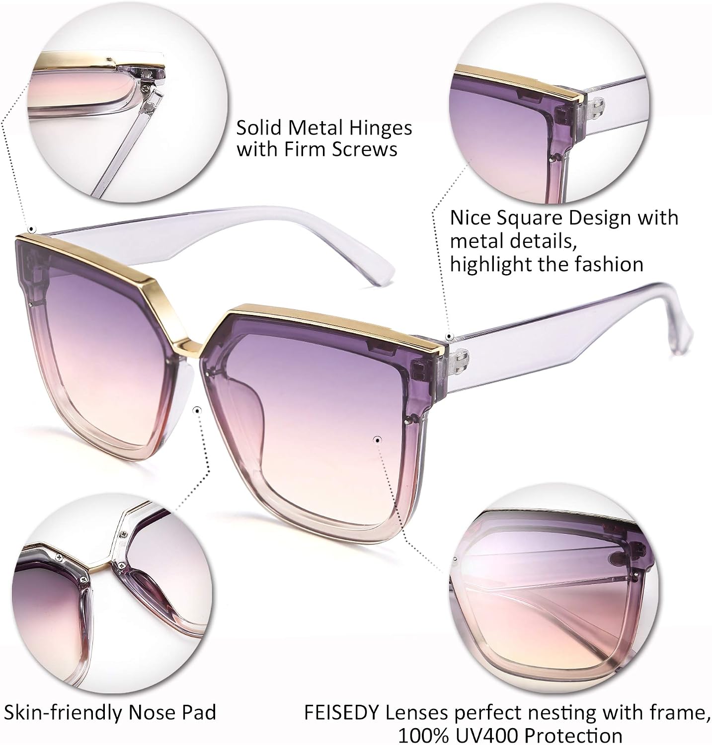 商品图片 4 | B087725Y1W | FEISEDY Fashion Women Men Sunglasses Square Frame Metal Shape Nesting Lenses B2595