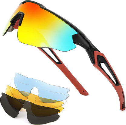 Black Frame & Red Mirror Lens / 80 Millimeters | B0B2WDLNDM | FEISEDY Sports Sunglasses, with 5 Lenses for Men Women, TR90 Lightweight, Baseball Cycling Motorcycle Running Golf B2940