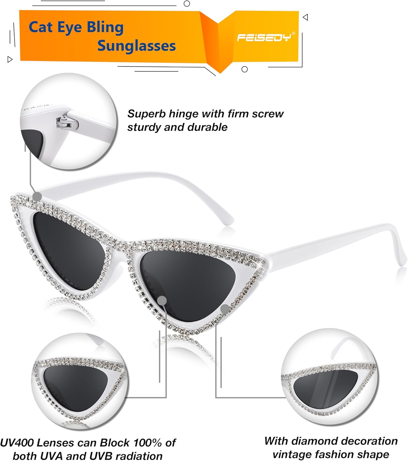 商品图片 12 | B0BZ7YMM4F | FEISEDY Oversized Women Cat Eye Rhinestone Sunglasses Costume Party B2360