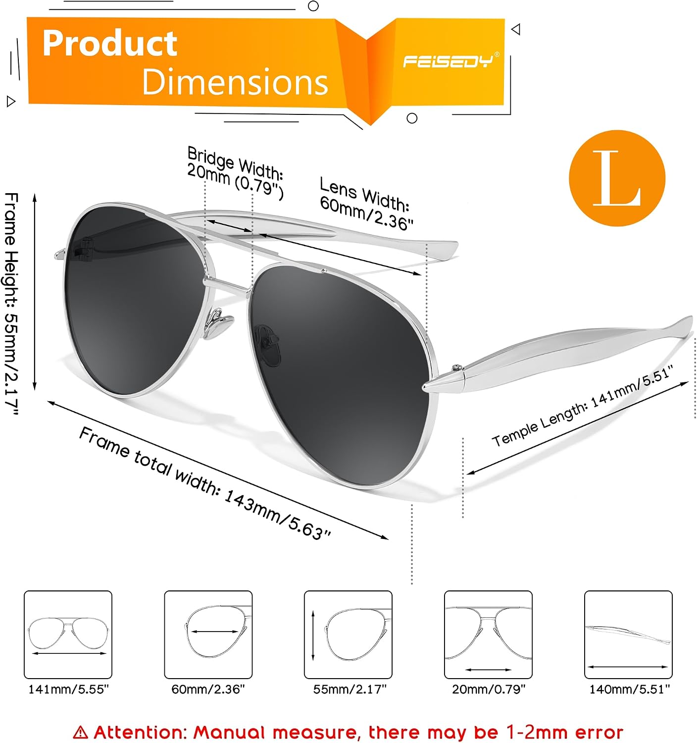 商品图片 27 | B0FKML2SSC | FEISEDY Oversized Aviator Sunglasses Women Men - Retro Gold Metal Chunky Frame, UV400 for Driving & Daily Wear B0311